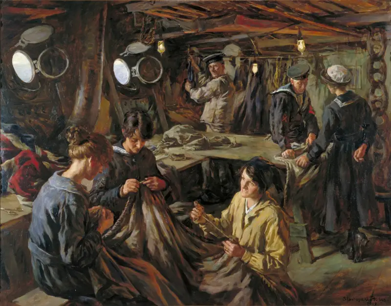 WRNS Ratings Sail-making; On Board ‘HMS Essex’ at Devonport, 1918 av Stanhope Alexander Forbes