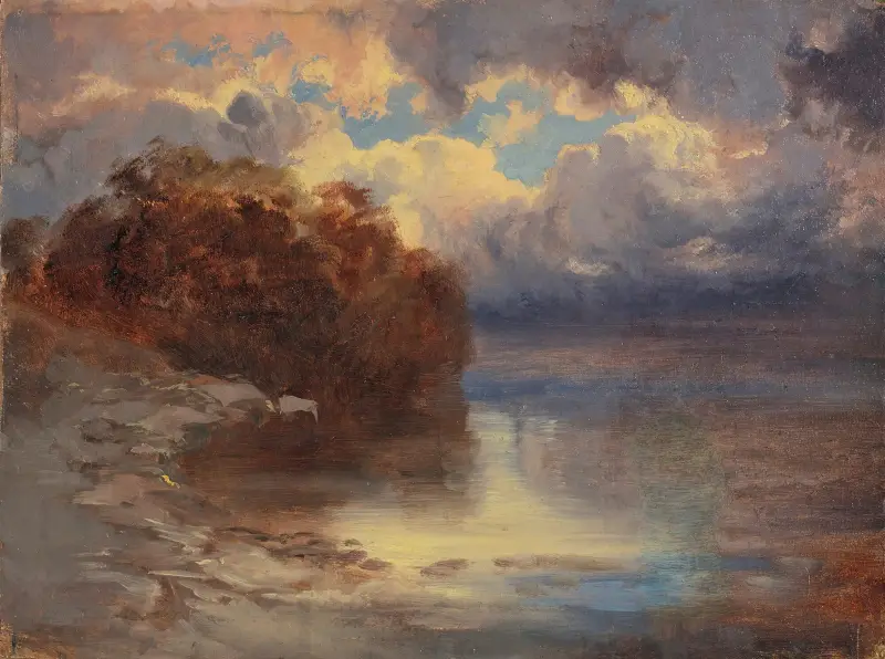 Sjöstrand med trädmassiv av Alexandre Calame