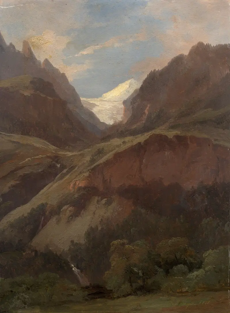 Utsikt över Wetterhorn och Reichenbach från Meiringen av Alexandre Calame