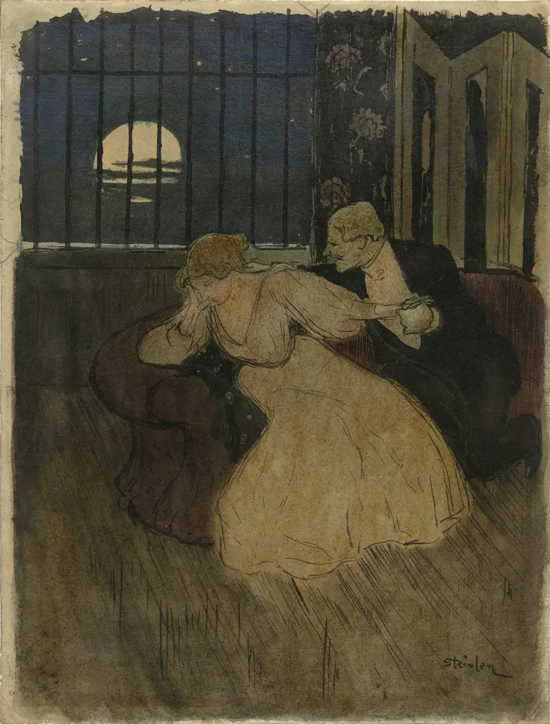 Heer in rok tracht een twijfelende dame op een sofa te overreden av Théophile Alexandre Steinlen