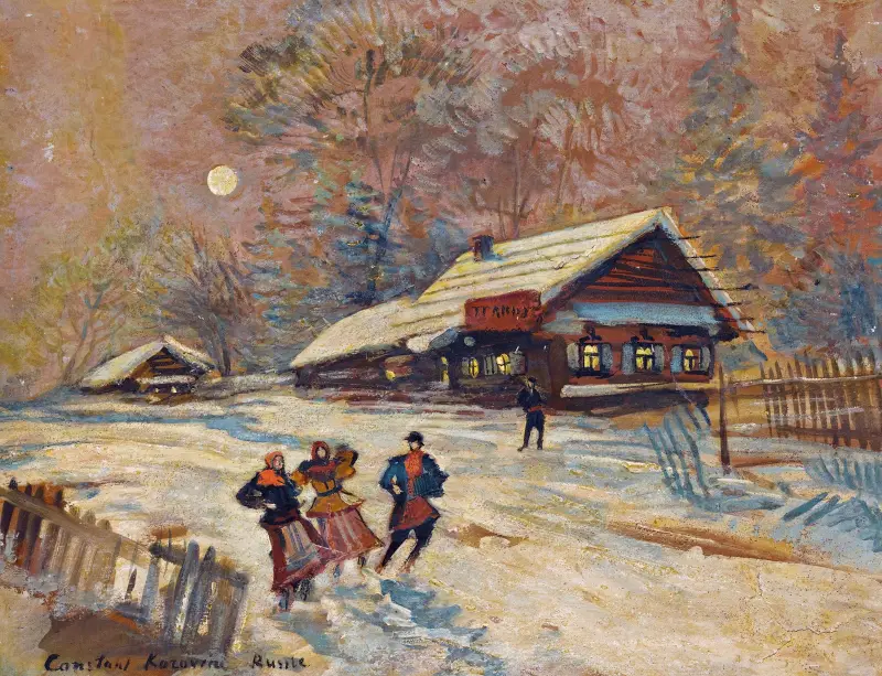 Vergnügte Menschen vor der Schenke von Konstantin Alexeevich Korovin