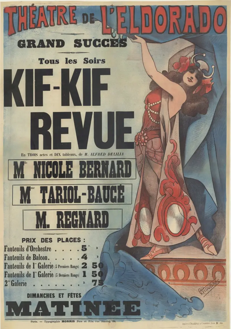 Théâtre de l'Eldorado. Kif-Kif-revyn i 3 akter och 10 tablåer av Alfred Delila. Nicole Bernard, Mme Tariol-Baucé, M. Regnard av Alfred Choubrac