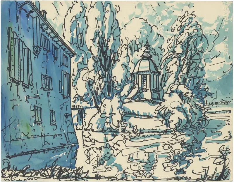 Italienskt hus med kyrka och träd av Alfred Ost