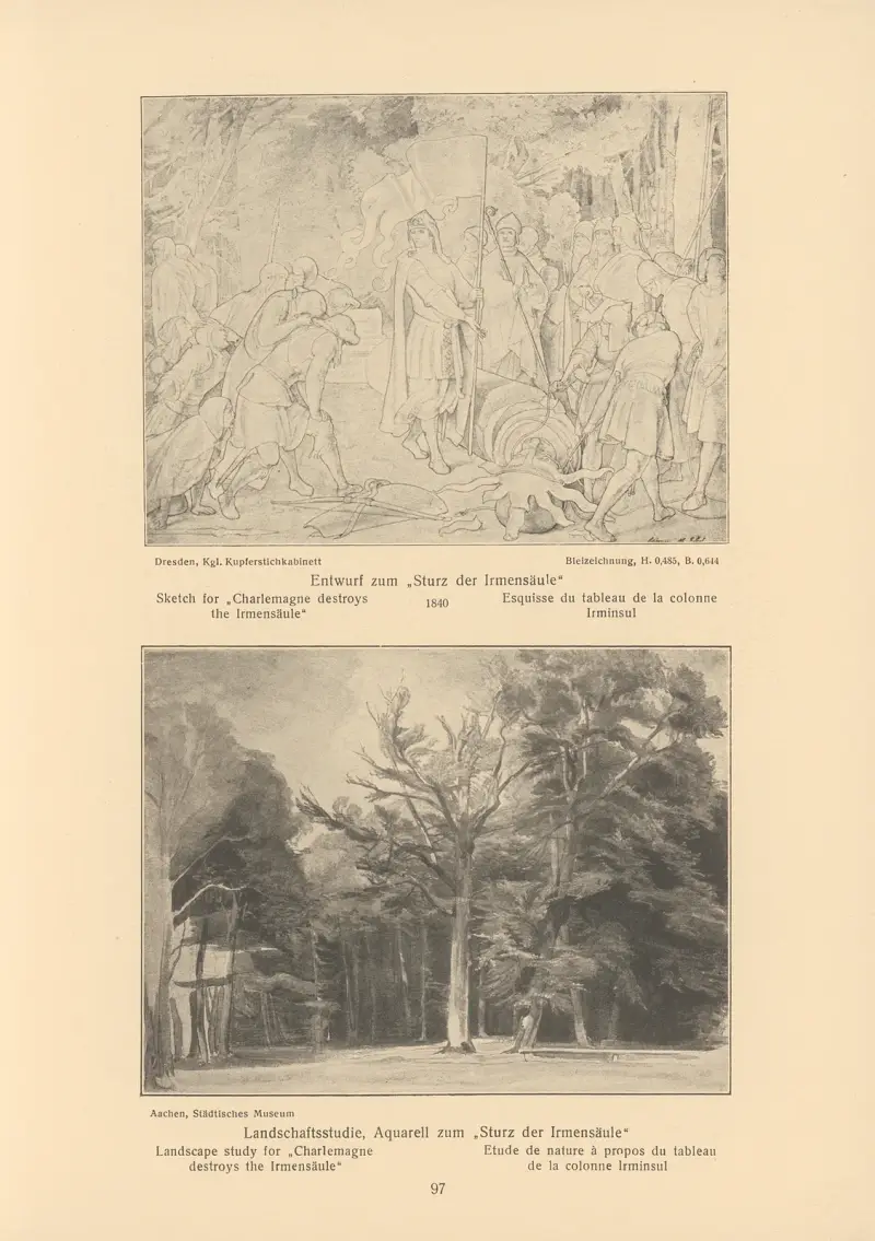 Skizze und Landschaftsstudie für 'Karl der Große zerstört die Irmensäule' von Alfred Rethel