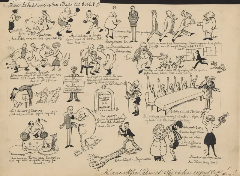 A bunch of small drawings that Schmidt would like to have printed in Blæksprutten. av Alfred Schmidt