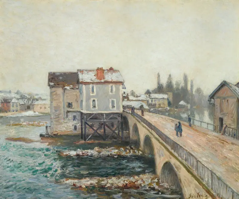 Bron i Moret och kvarnarna – vinterstämning av Alfred Sisley