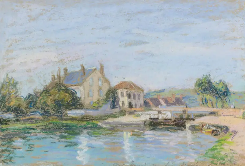 Hus vid Gazonne-slussen av Alfred Sisley