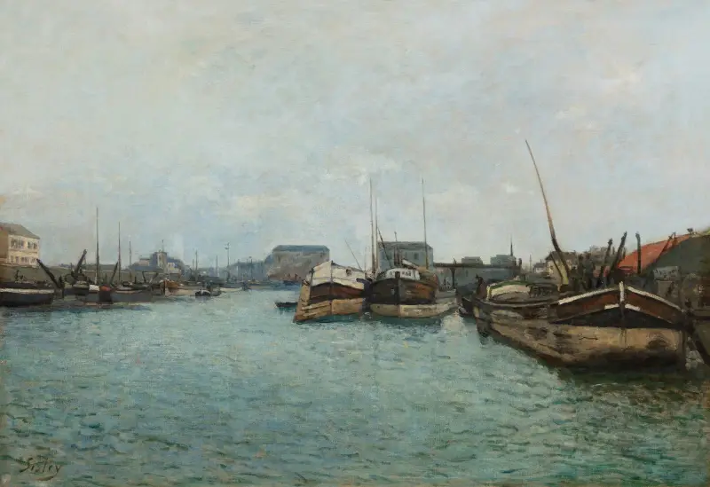 Vy över en hamn, pråmarna av Alfred Sisley