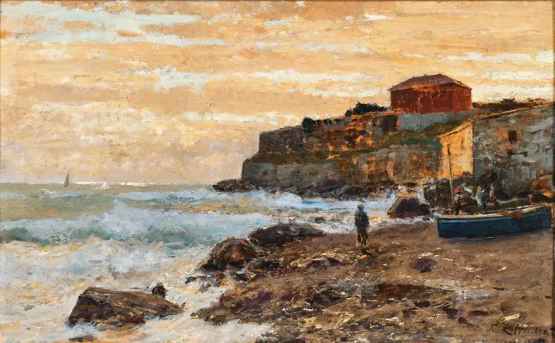 Ein Fischerboot am Strand bei Sonnenuntergang von Alfred Zoff