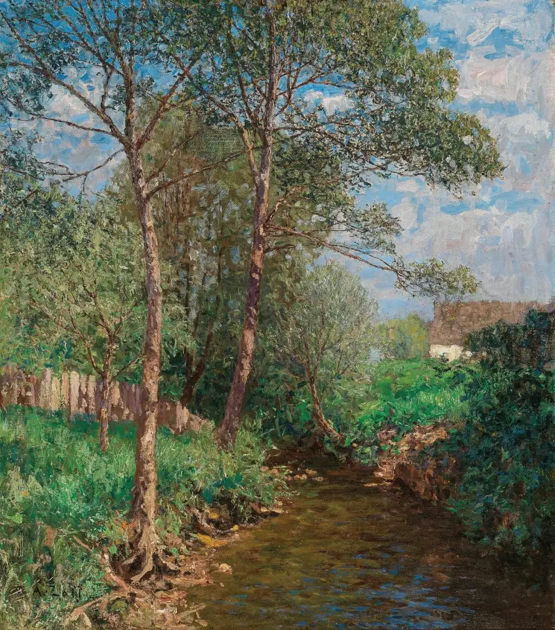 Eine sonnige Landschaft mit Bach von Alfred Zoff