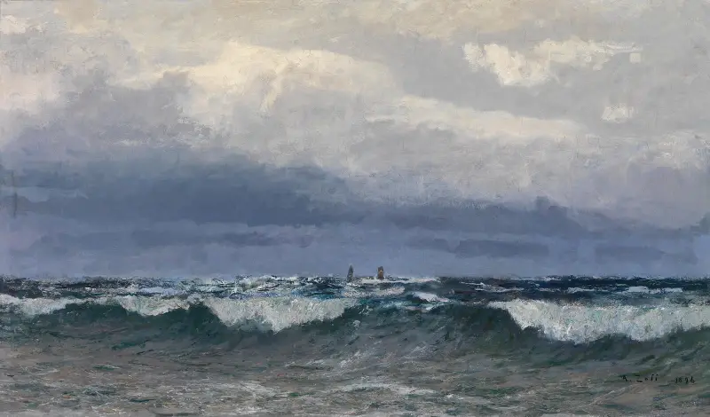 Meeresbrandung mit Segelschiffen von Alfred Zoff