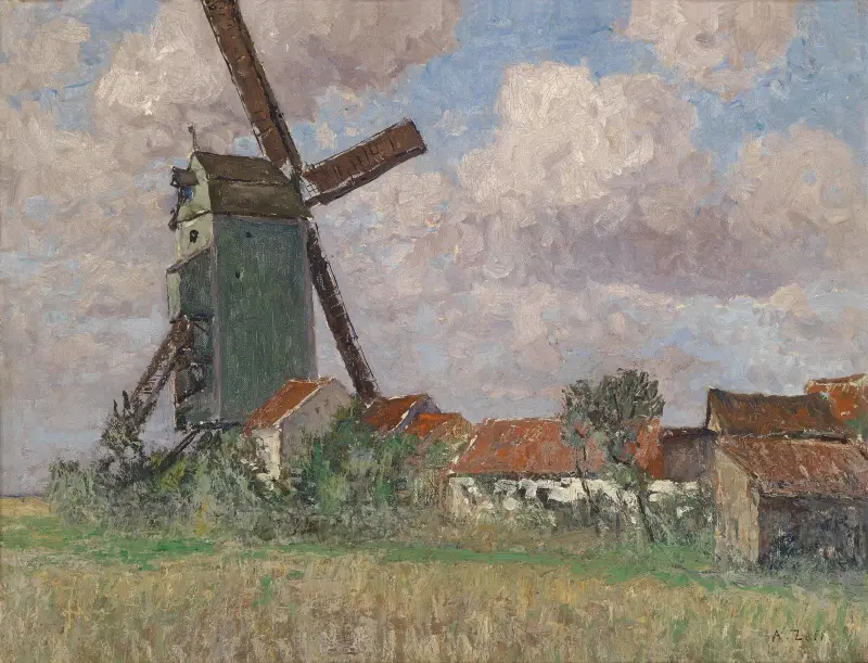 Väderkvarn och by i Belgien av Alfred Zoff