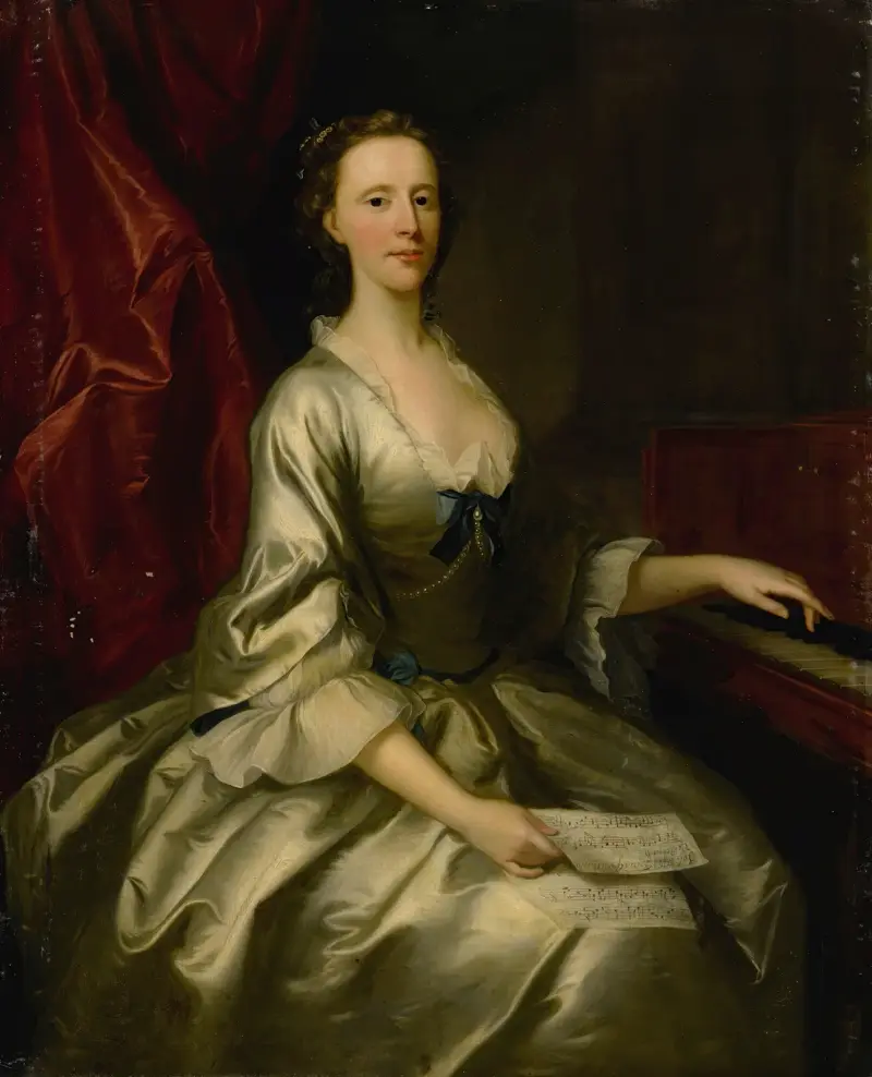 Porträtt av en dam, trekvartsfigur, sittande vid ett cembalo med ett notblad i handen av Allan Ramsay