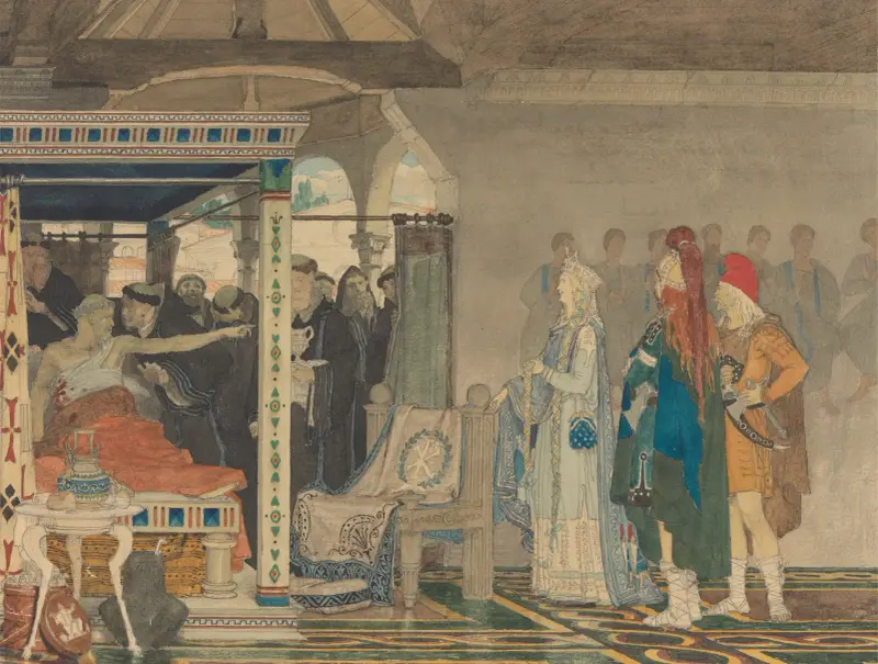 Fredegunda vid Praetextatus dödsbädd av Lawrence Alma-Tadema