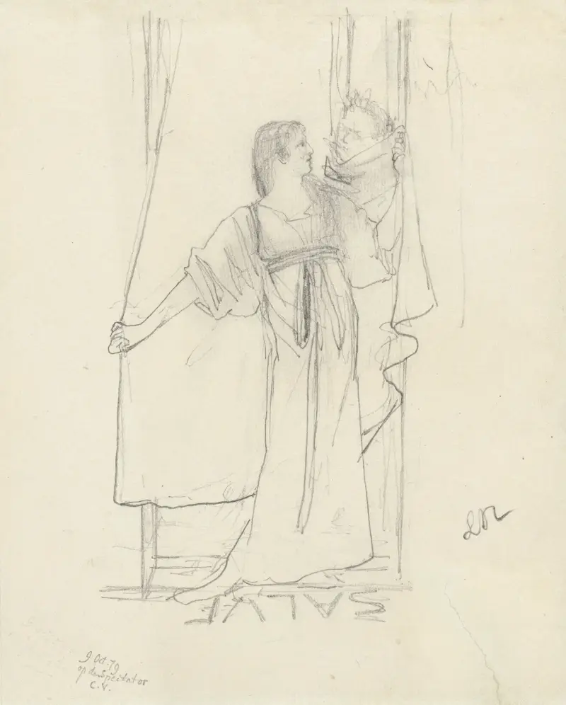 Stående kvinna som talar med man bakom draperi av Lawrence Alma-Tadema