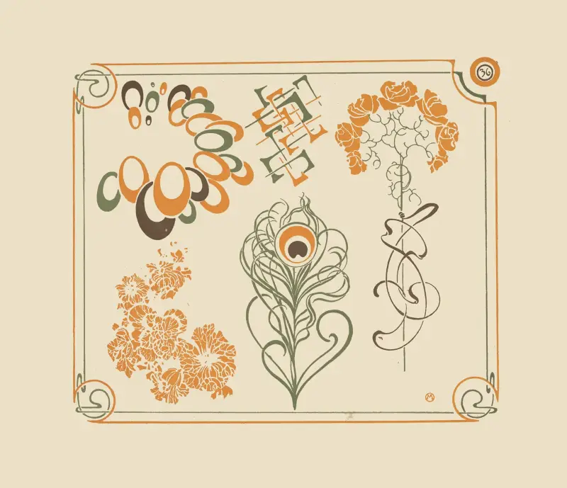 Abstrakcyjny wzór oparty na kwiatach i krzywoliniowych kształtach, Alphonse Mucha
