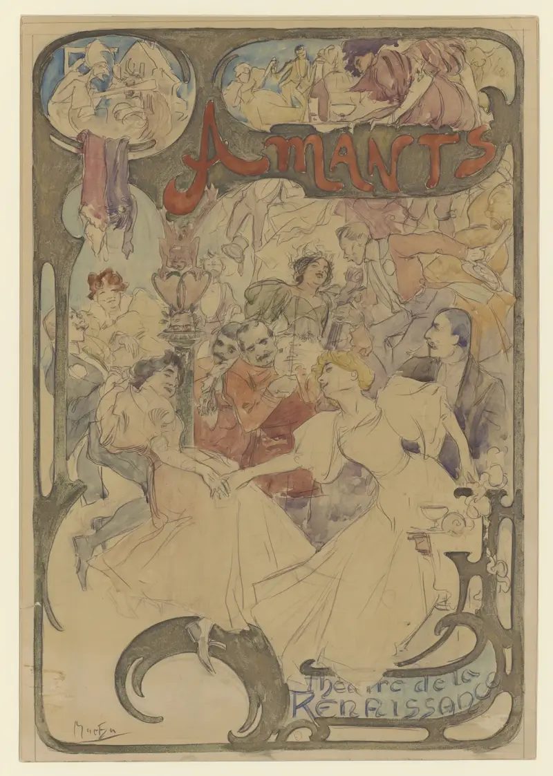 Amants maquette d’affiche hommes et femme entourant des musiciens av Alphonse Mucha