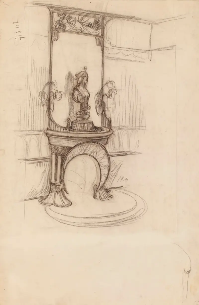 Dekorativ kamin med bysten Naturen av Alphonse Mucha