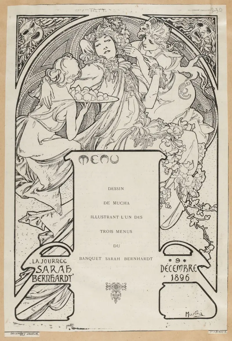 Teckning av Mucha till en av de tre menyerna för Sarah Bernhardts bankett av Alphonse Mucha