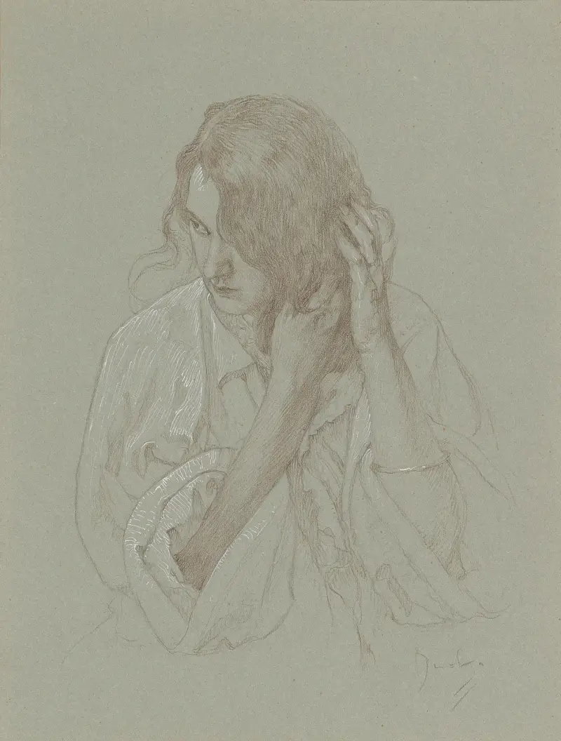 Porträtt av en flicka med händerna i håret av Alphonse Mucha