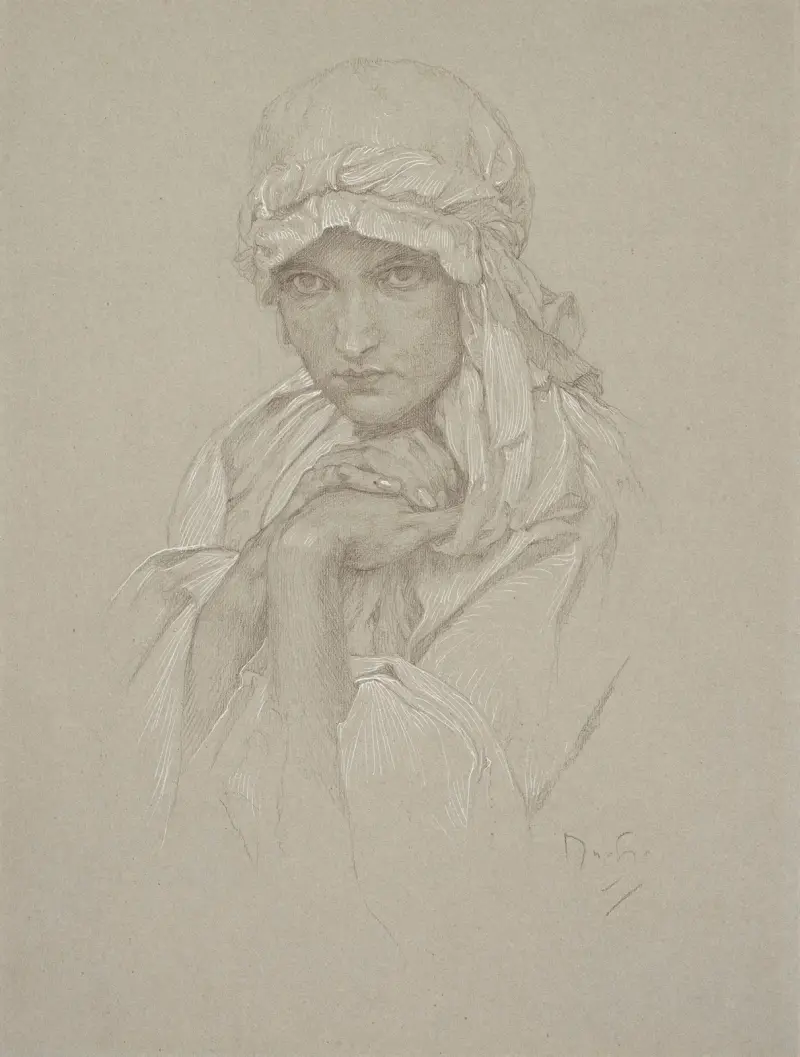 Porträtt av konstnärens dotter i slavisk dräkt av Alphonse Mucha