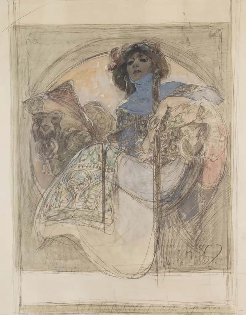 Sedící žena – studie k plakátu, Alphonse Mucha