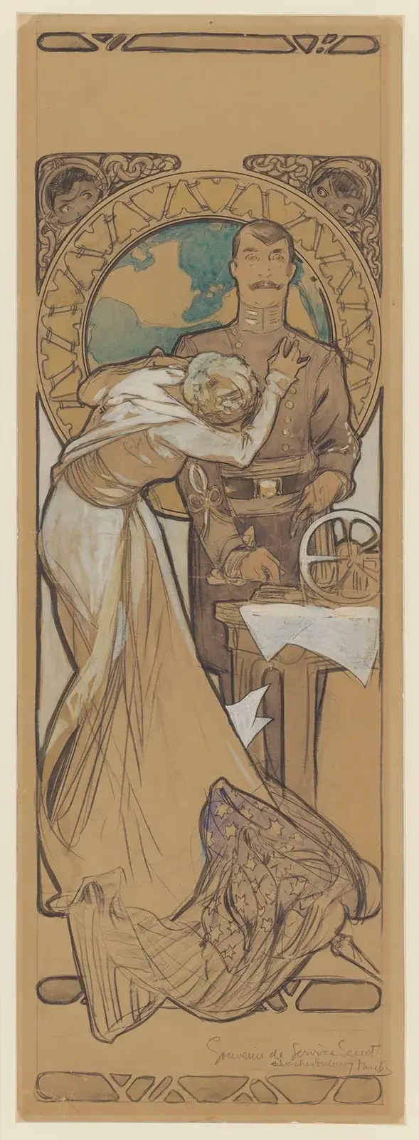 Services secret – maquette d’affiche – Lucien Guitry et Berthe Bovy av Alphonse Mucha