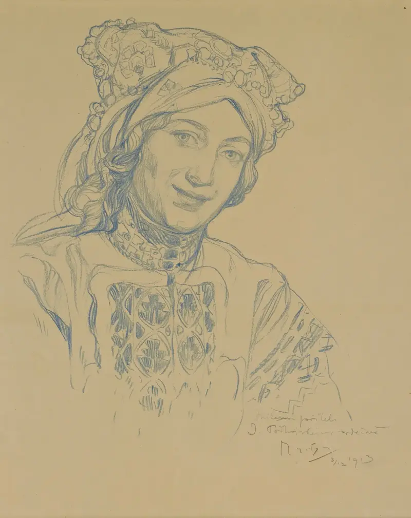Ung kvinna med folklig huvudbonad av Alphonse Mucha