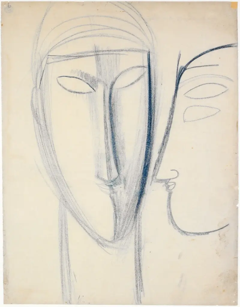 Frontalt långt ansikte och huvud i profil av Amedeo Modigliani