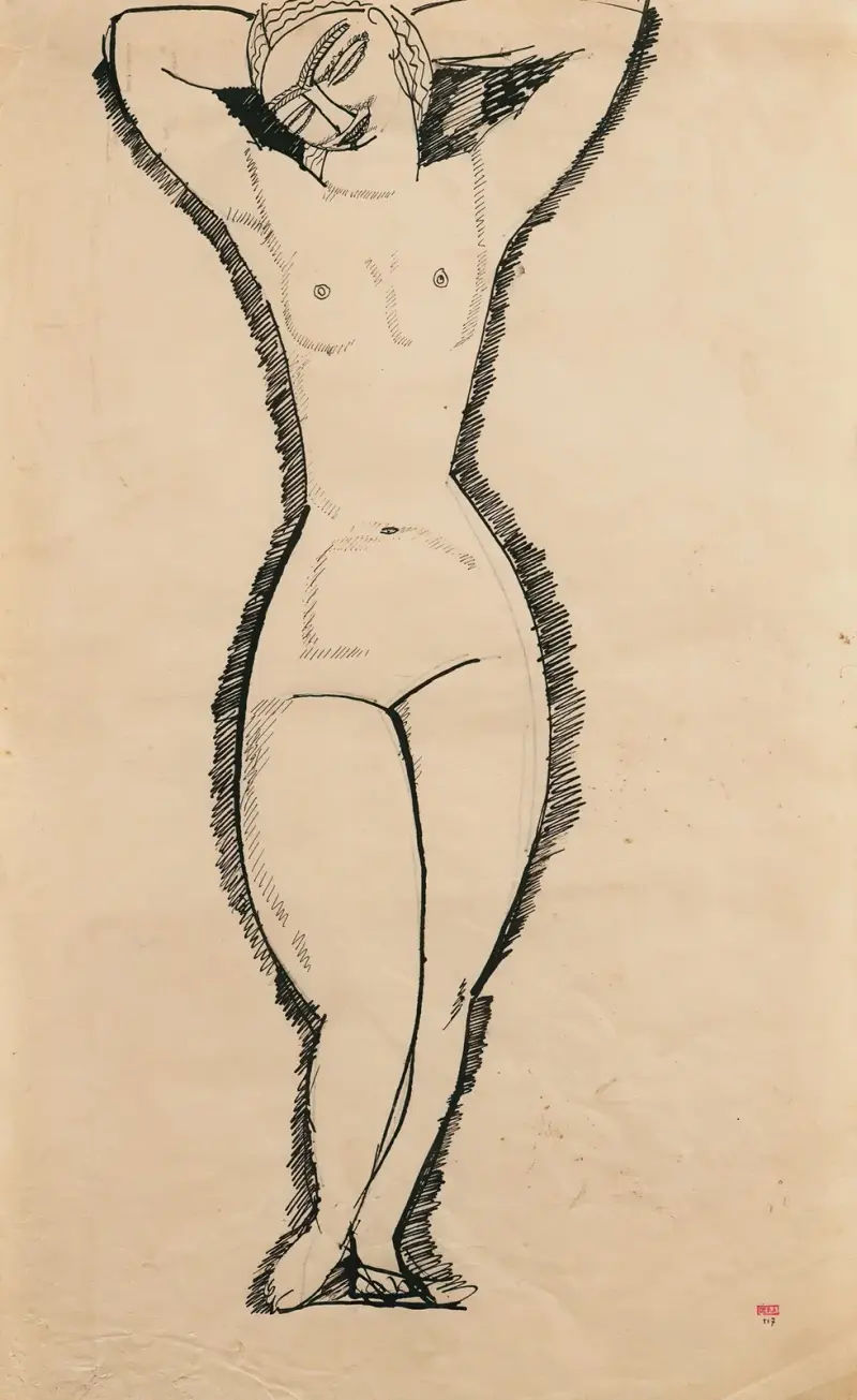 Akt frontalnie, ramiona uniesione, Amedeo Modigliani