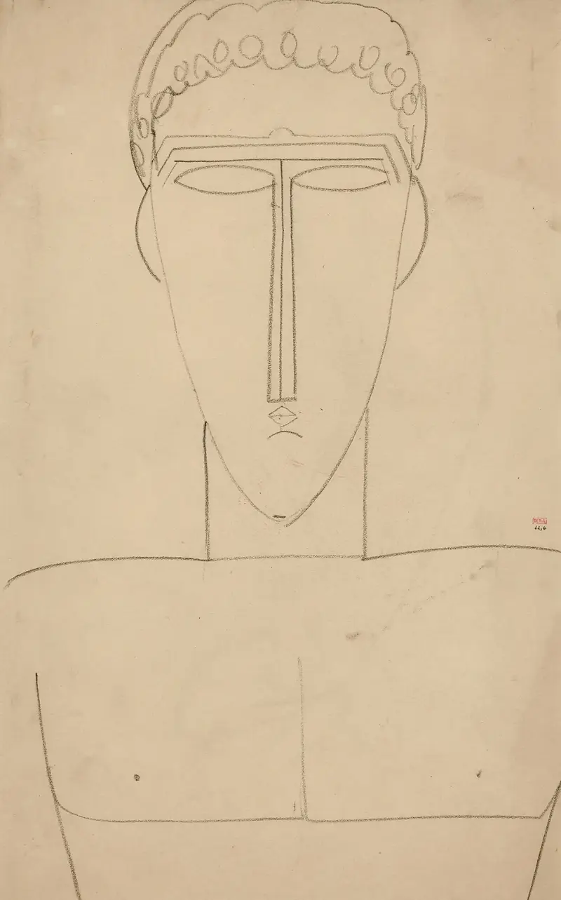 Manshuvud och överkropp framifrån av Amedeo Modigliani