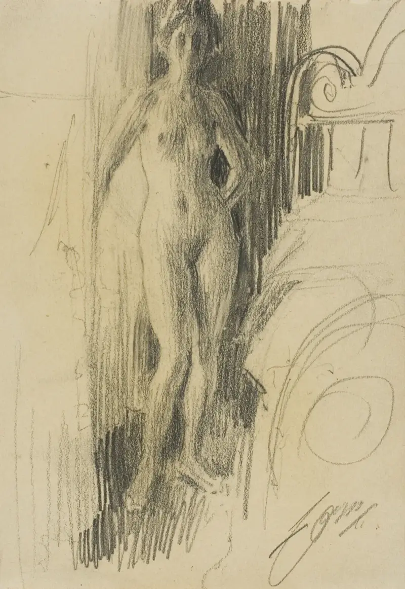 Naken figur stående vid en säng av Anders Zorn