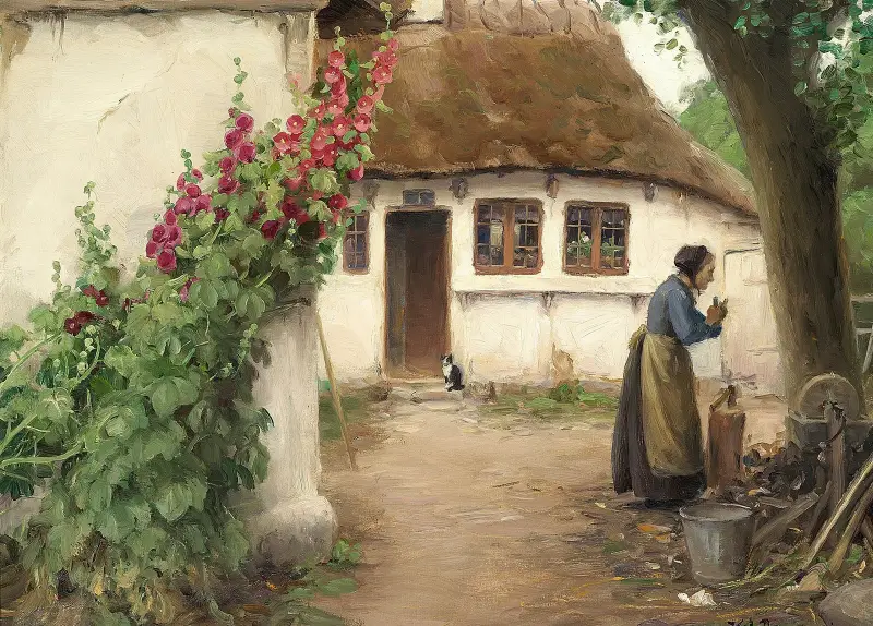 En kvinna vid ett bondehus med röda stockrosor av Hans Andersen Brendekilde