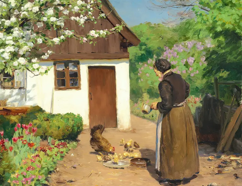 Hönsen matas framför det vitkalkade bondhuset en sommardag av Hans Andersen Brendekilde