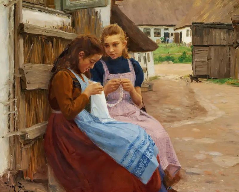 Zwei Mädchen mit Handarbeit auf einem Hof sitzend von Hans Andersen Brendekilde