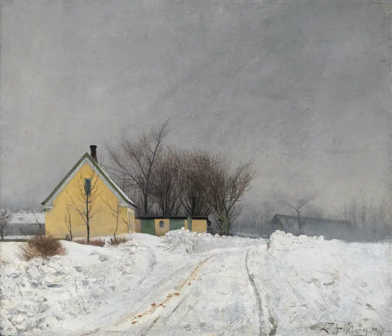 Dimmig vinterdag. Till vänster ett gult hus. Djup snö. av Laurits Andersen Ring