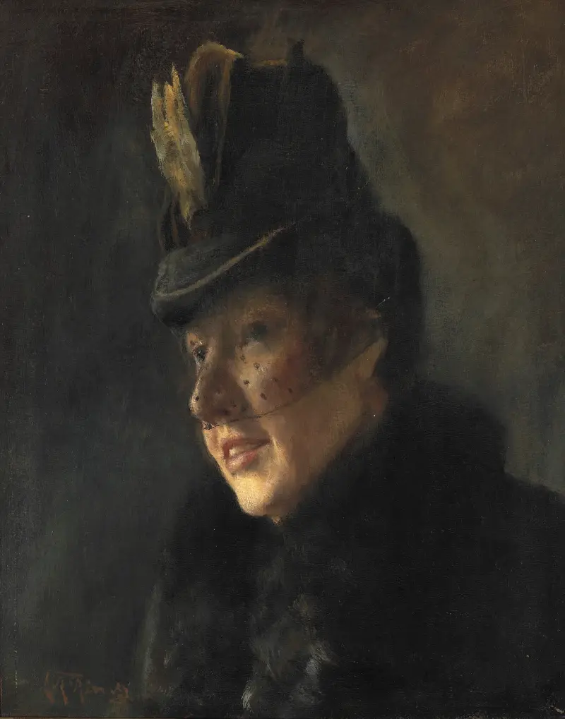 Porträtt av en ung kvinna i kappa med pälskrage och hatt med slöja av Laurits Andersen Ring