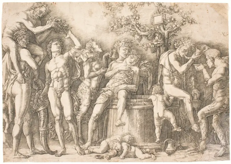 Bacchanal am Weinfass von Andrea Mantegna
