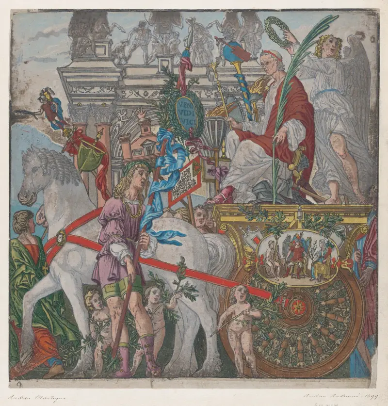 Julius Caesar i sin häst-dragna triumfvagn av Andrea Mantegna