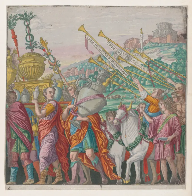 Männer, die Trophäen tragen, links, Trompeter rechts von Andrea Mantegna