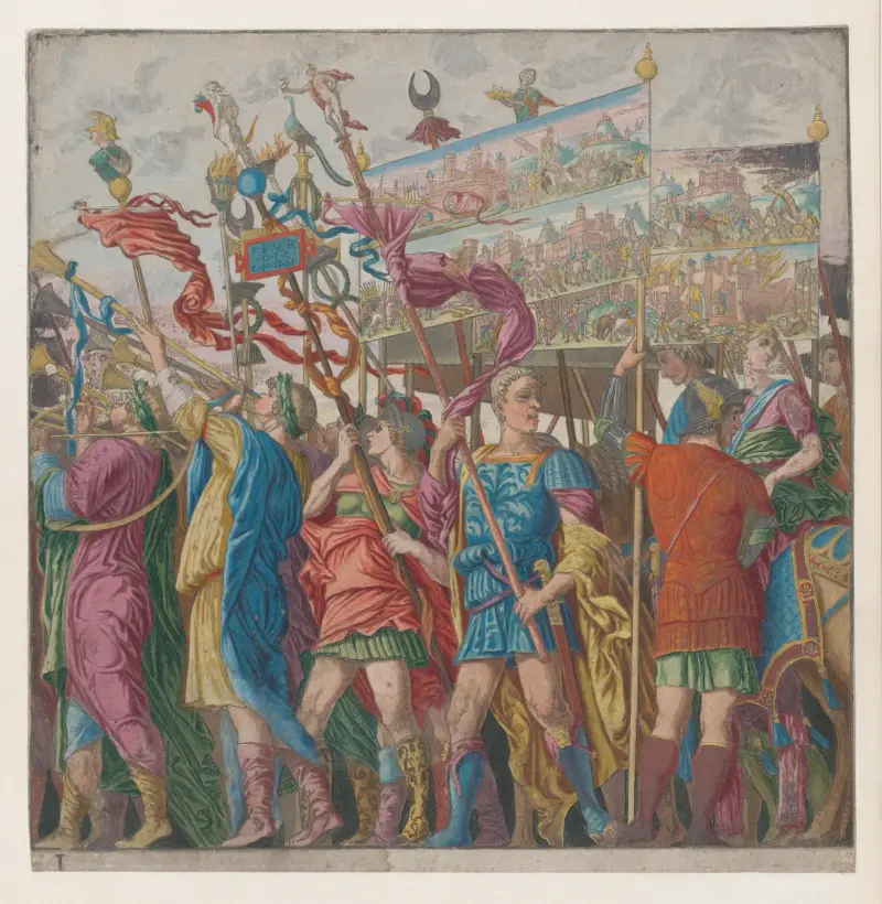Soldater som bär fanor med Julius Caesars triumfer av Andrea Mantegna
