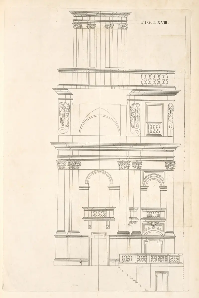 Die geometrische Erhebung des vorhergehenden Plans und zweite Vorbereitung zur einundsiebzigsten Figur von Andrea Pozzo