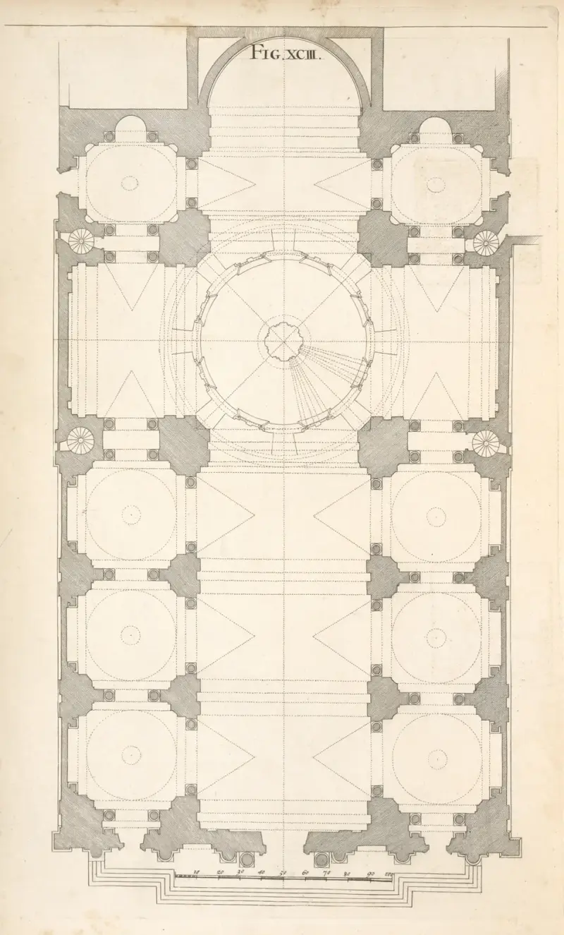 Geometrisk plan över kyrkan S. Ignatius i Rom av Andrea Pozzo