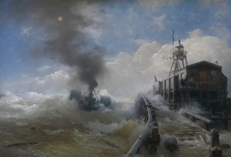En bogserbåt lämnar hamnen i Oostende av Andreas Achenbach