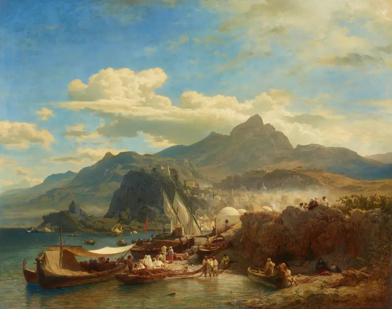 Livlig hamn vid den levantinska kusten av Andreas Achenbach