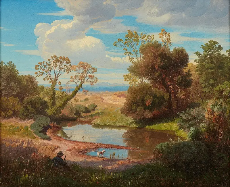 Italienskt landskap med en jägare och hans hund av Andreas Achenbach