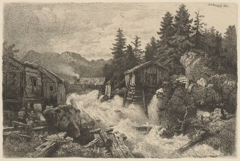 Landschaft mit reißendem Bach von Andreas Achenbach