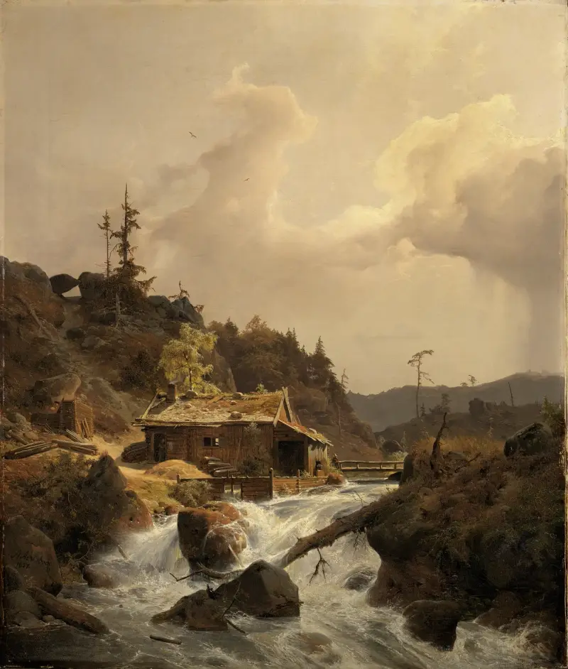 Norskt landskap med sågverk av Andreas Achenbach