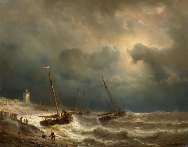 Plachetnice u bouřlivého pobřeží, Andreas Achenbach
