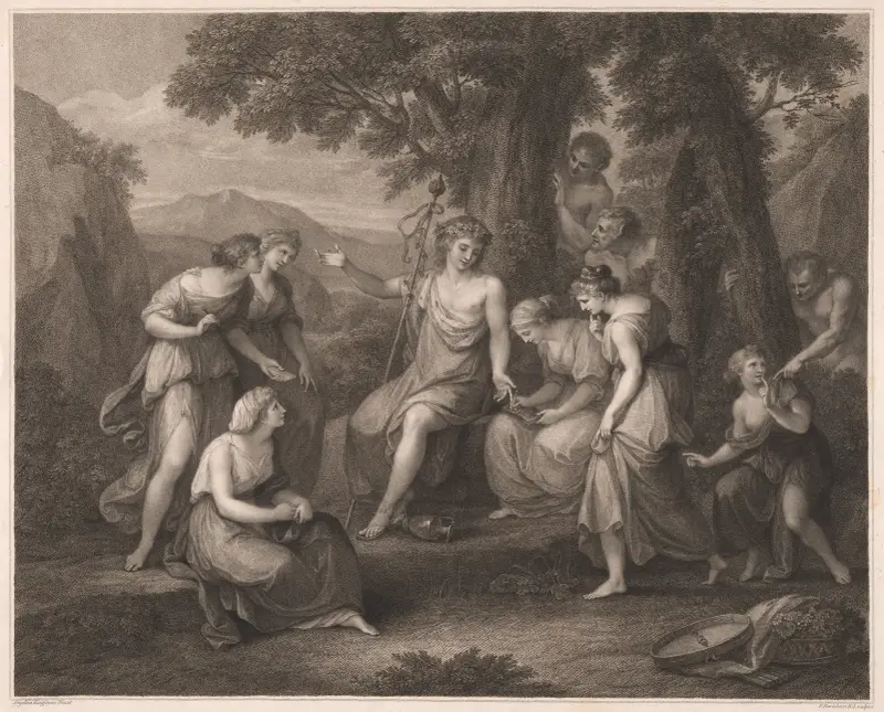 Bacchus bland ensliga klippor lär nymferna att skriva verser av Angelica Kauffmann
